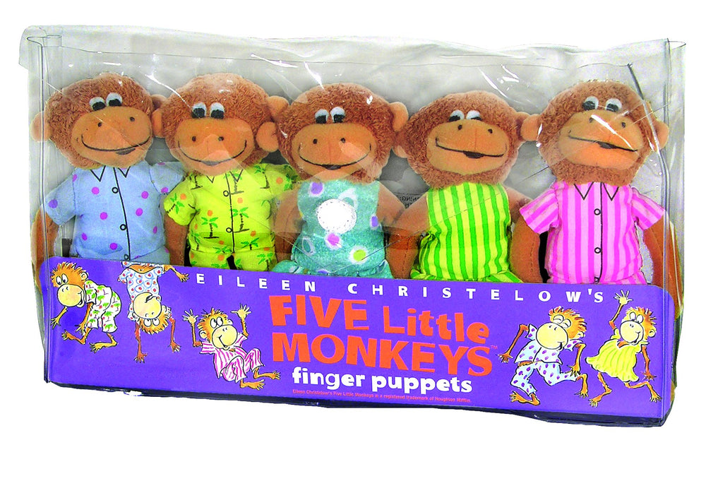 MerryMakers Five Little Monkeys puppets in hand during interactive storytelling and play.