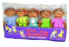 MerryMakers Five Little Monkeys puppets in hand during interactive storytelling and play.