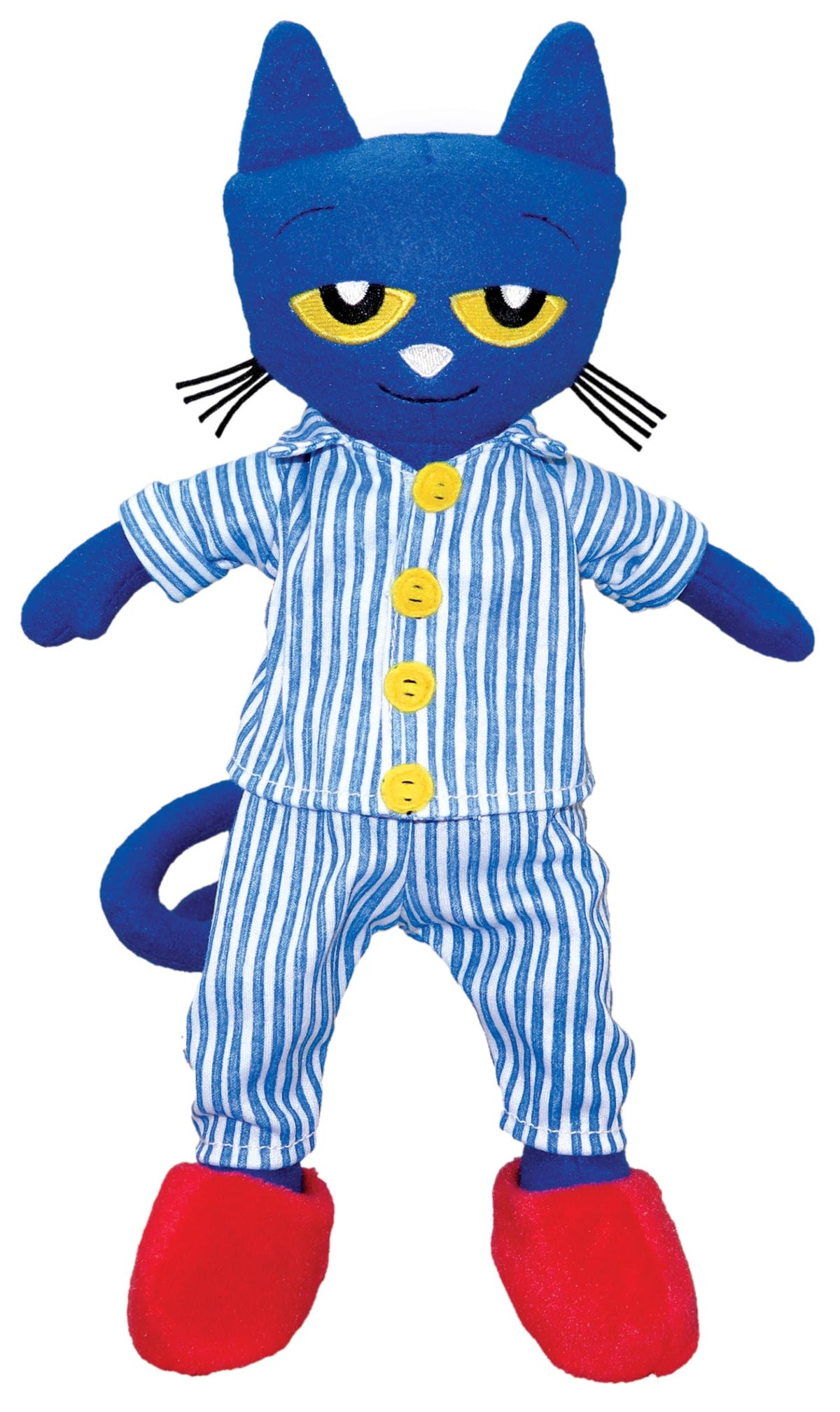 MerryMakers Pete the Cat Bedtime Blues plush doll in striped pajamas, ideal for bedtime cuddles.