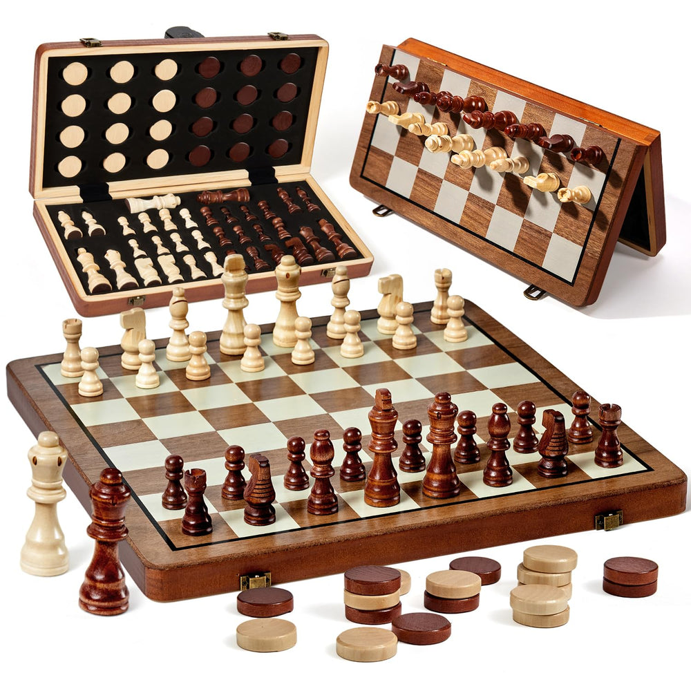 MerryPony 2-in-1 magnetic chess and checkers board in smooth inlaid wood for stable travel play