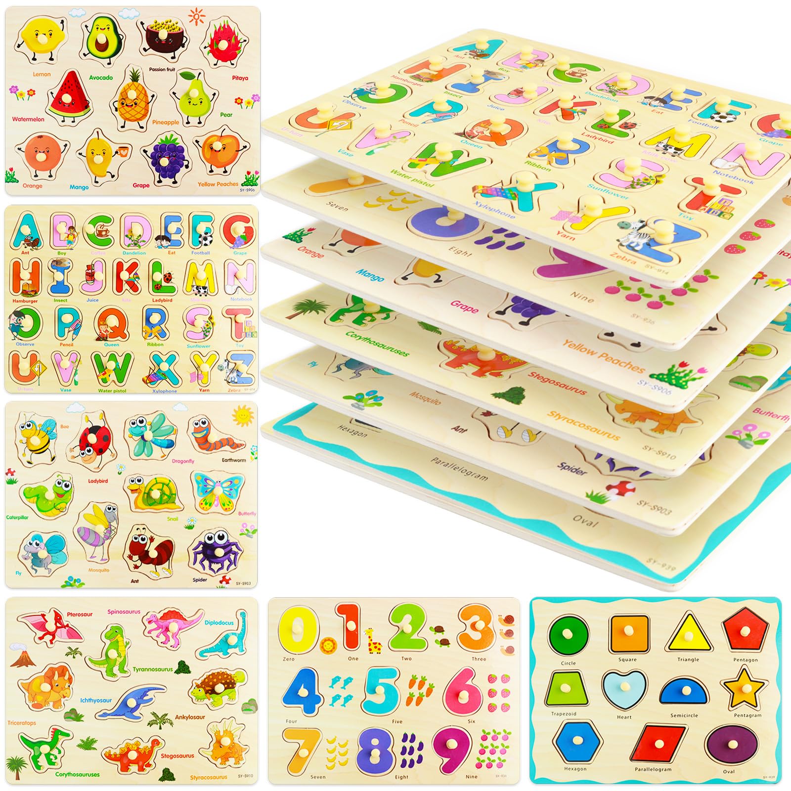 MerryPony wooden peg puzzle letter pieces boost early literacy and recognition.