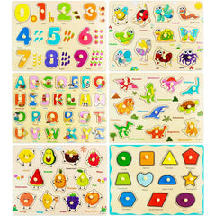 MerryPony wooden peg puzzle set showcases six themed options for playful learning.