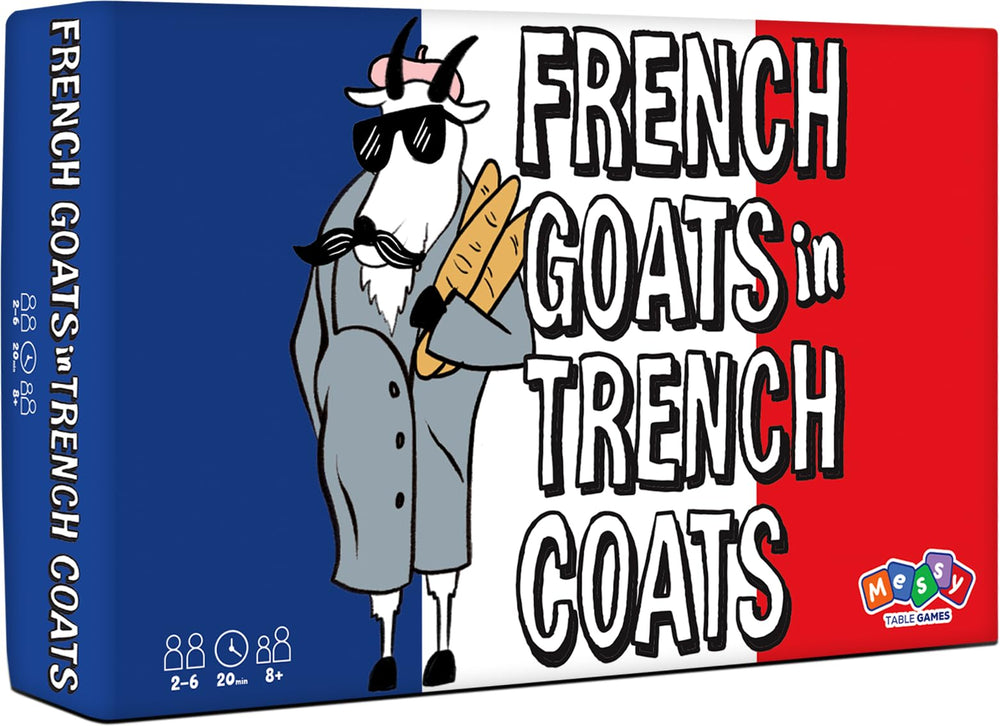 Messy Table Games French goats in trench coats card play enhances family game night.