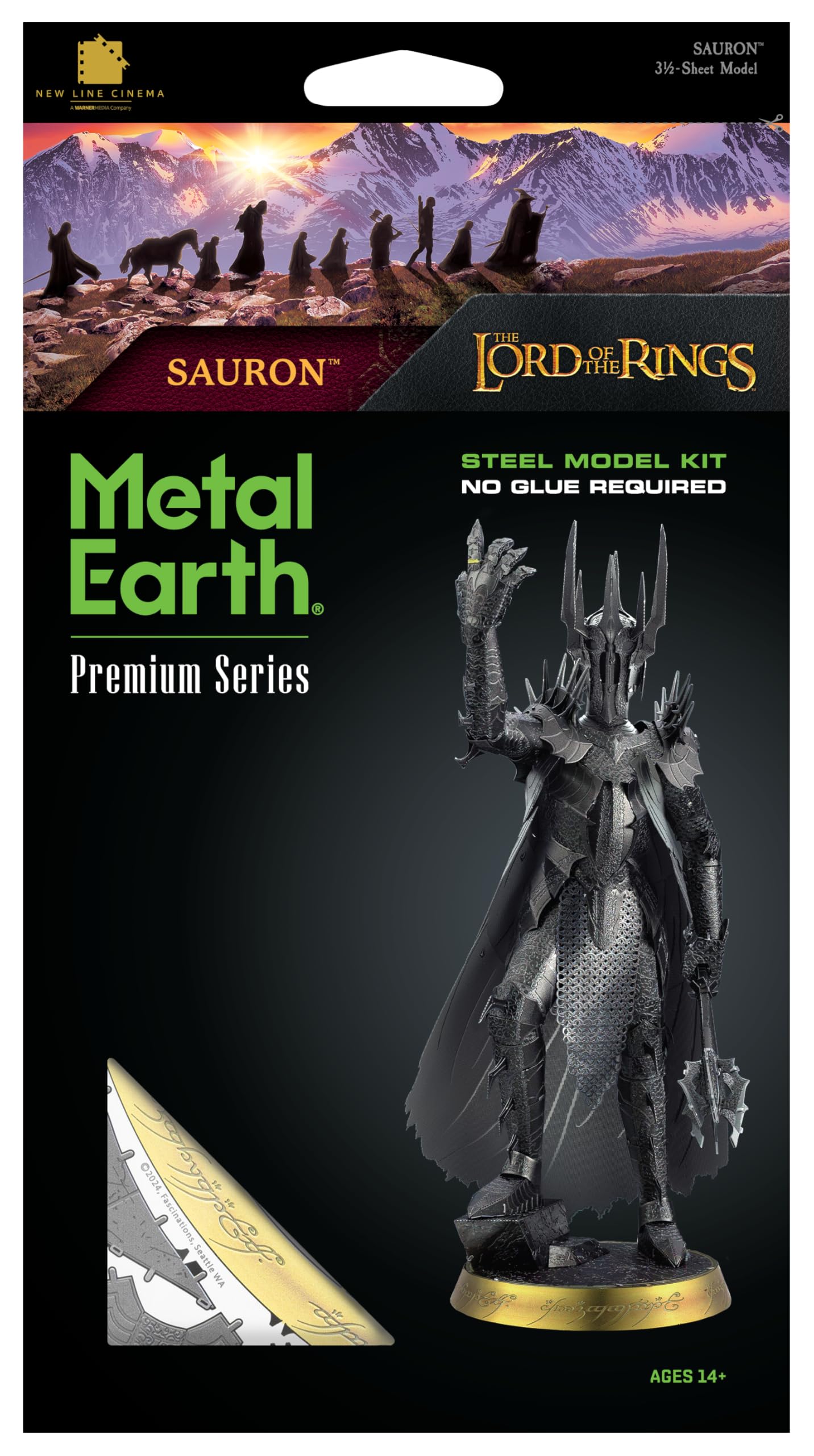 Metal Earth Sauron assembled model stands 7.70 inches tall for display.
