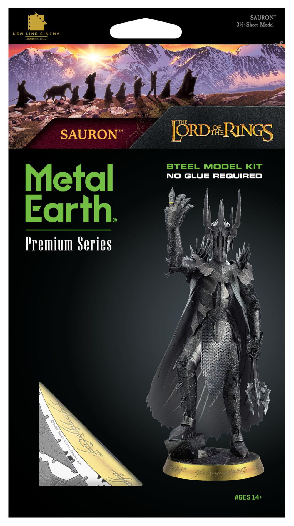 Metal Earth Sauron assembled model stands 7.70 inches tall for display.