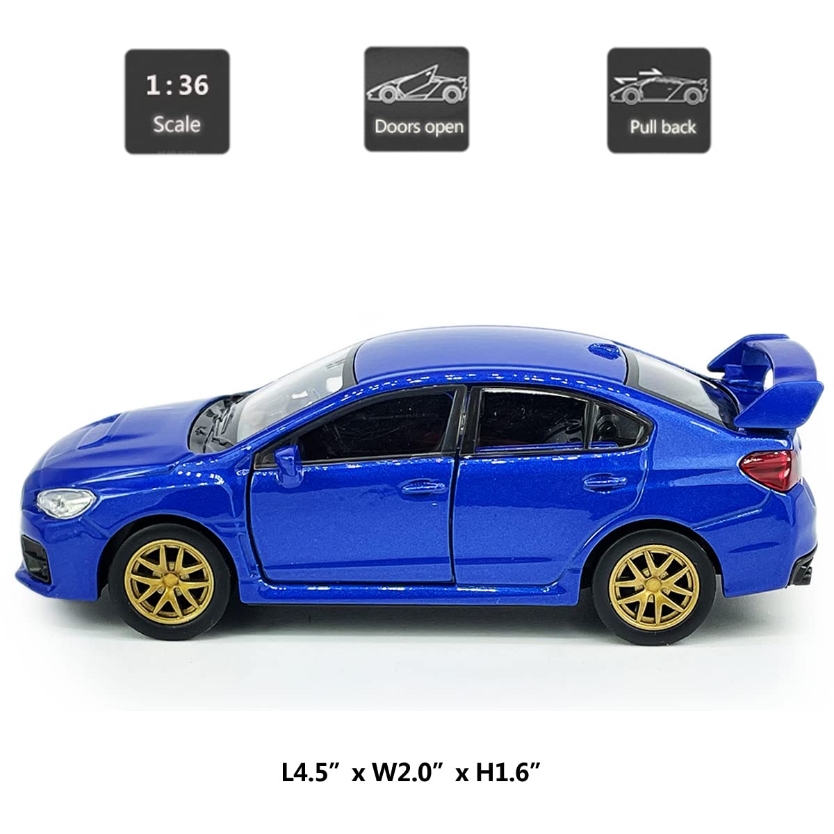 Blue Metanyl Impreza WRX STI pull-back action car in hand