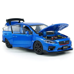 Open doors reveal interior details on Metanyl blue Impreza diecast