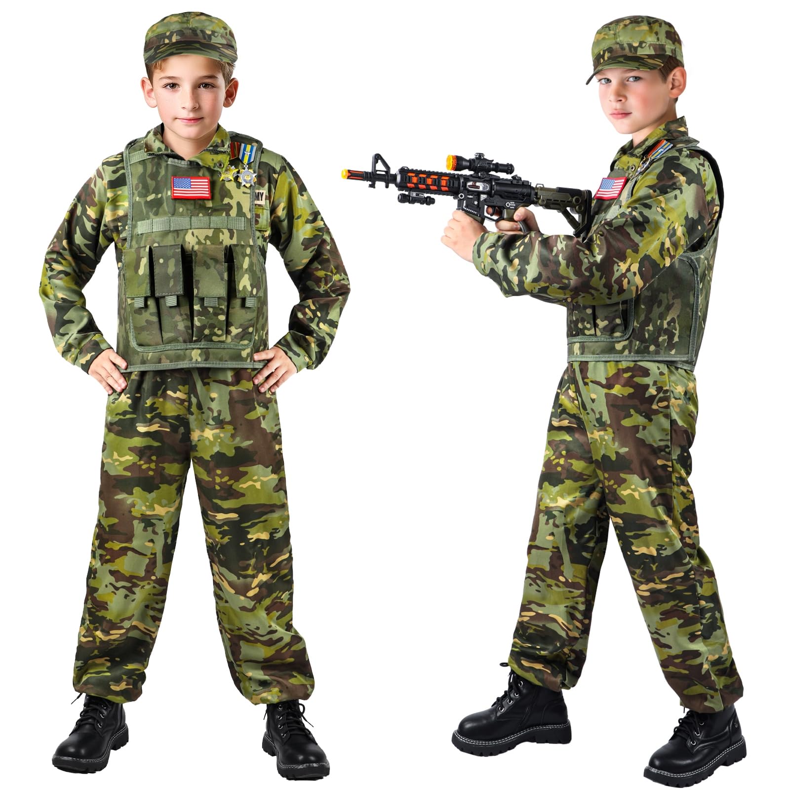 Metemot kids army costume jacket enhances comfort with realistic military styling.