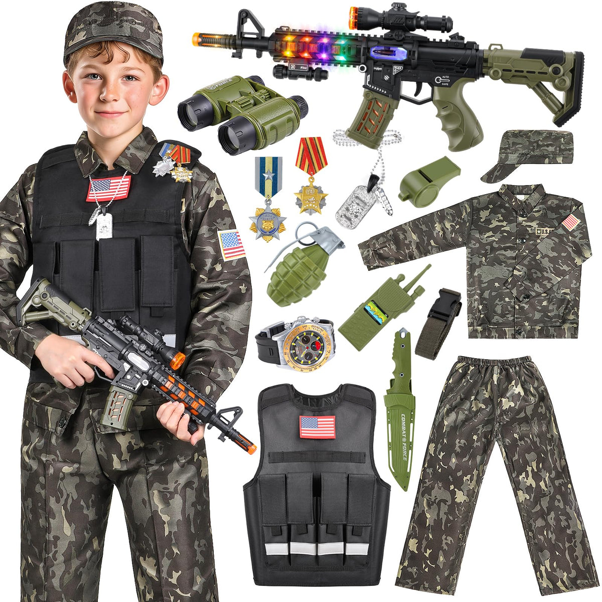 Metemot kids army costume jacket with camo pattern for imaginative play.