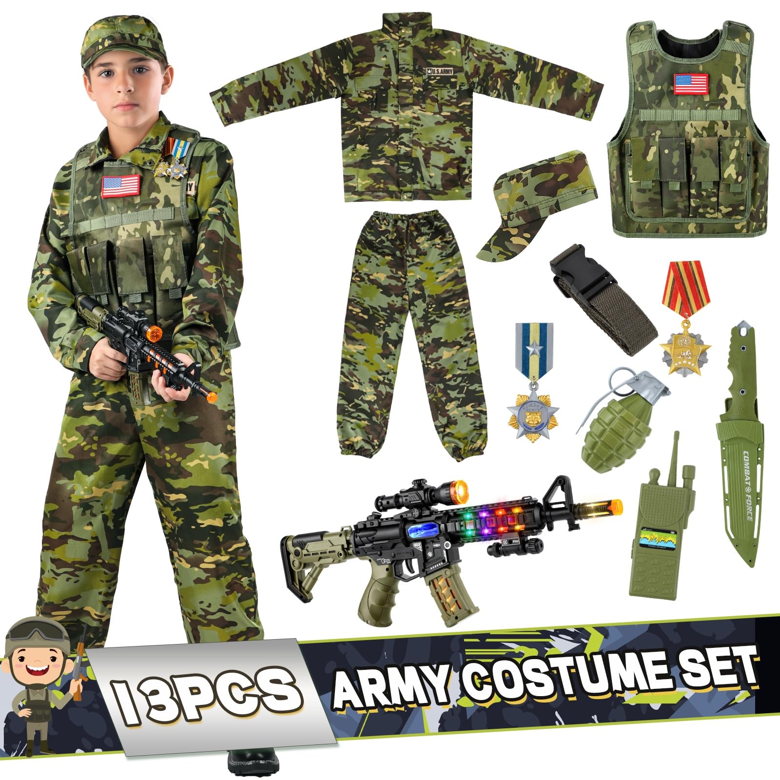 Metemot army toy set includes grenade, binoculars, and walkie-talkie for vivid role play.