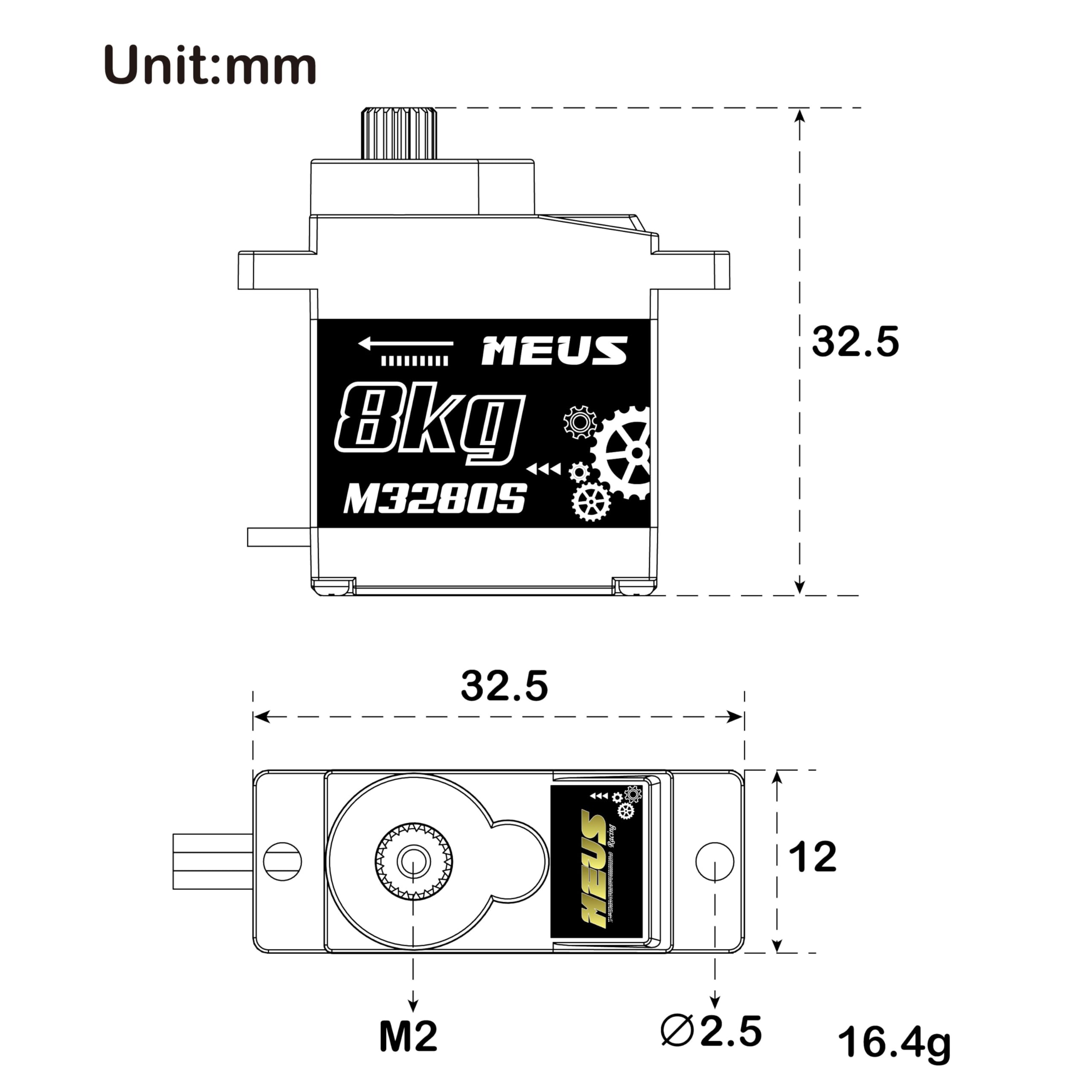 MEUS RACING 8KG servo for Axial SCX24, front view highlighting compact profile
