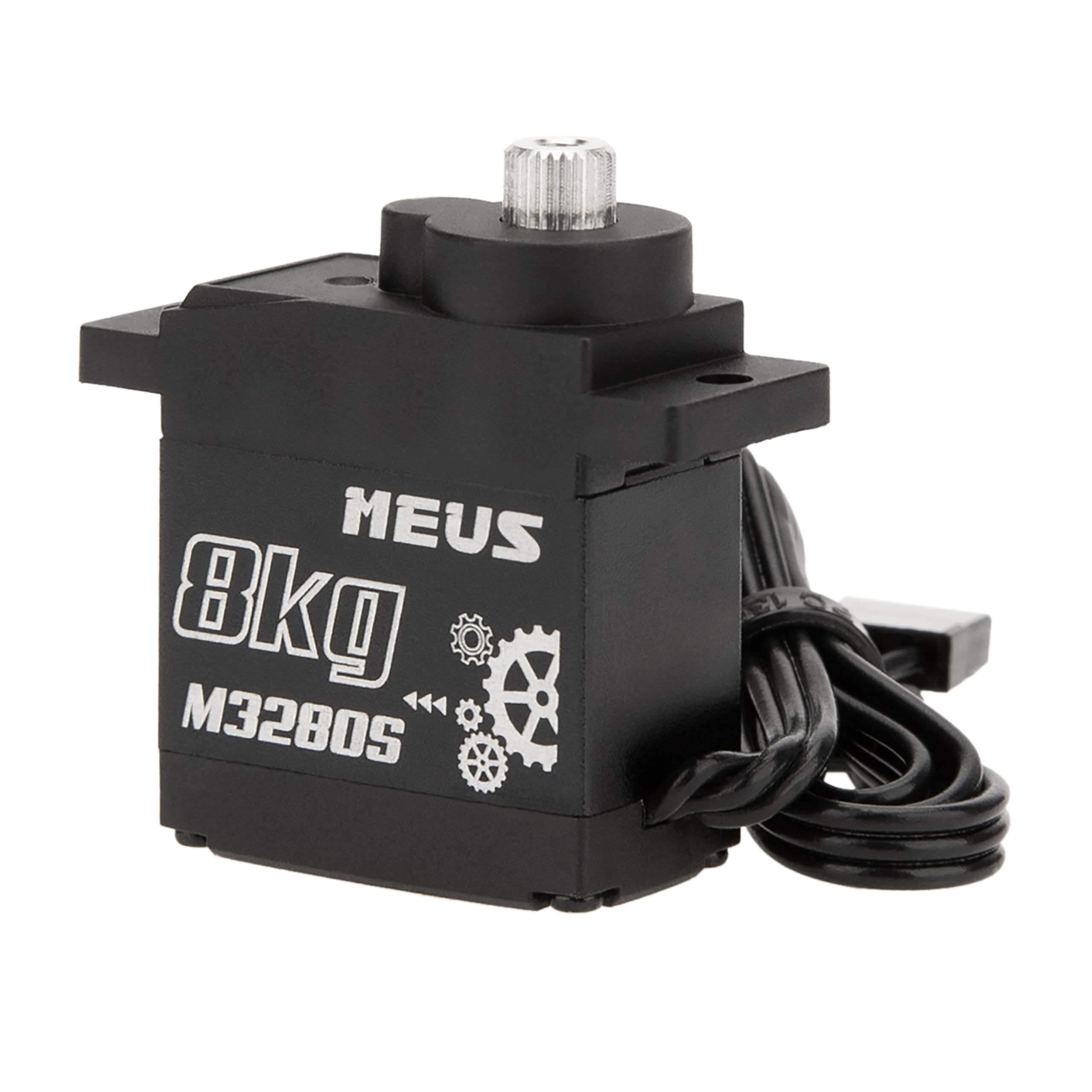 MEUS RACING 8KG servo for Axial SCX24, side view showing rugged metal gears for durability