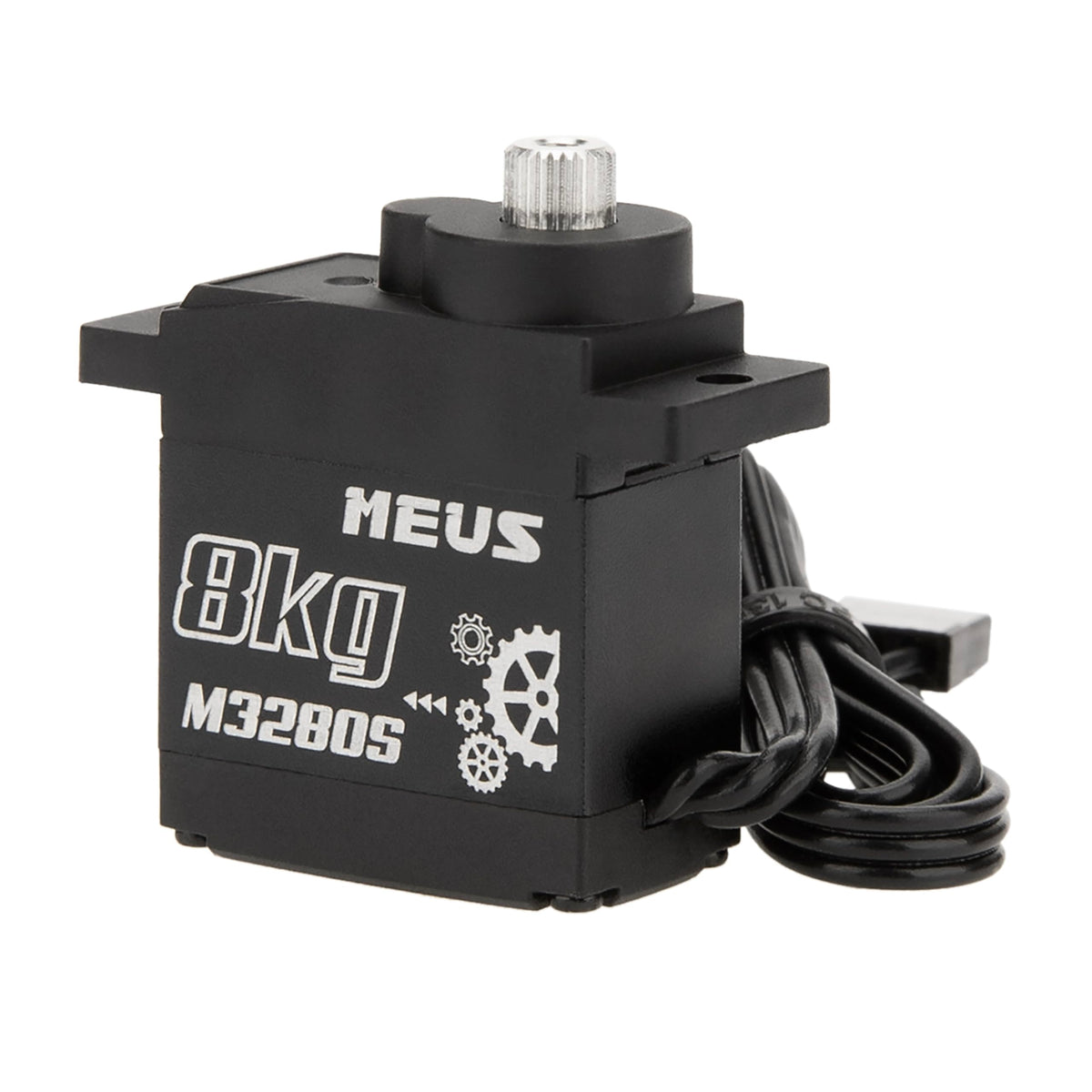 MEUS RACING 8KG servo for Axial SCX24, side view showing rugged metal gears for durability