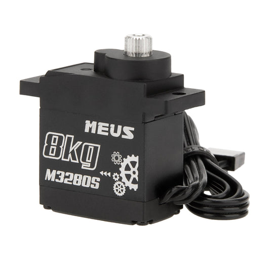 MEUS RACING 8KG servo for Axial SCX24, side view showing rugged metal gears for durability