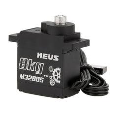 MEUS RACING 8KG servo for Axial SCX24, side view showing rugged metal gears for durability