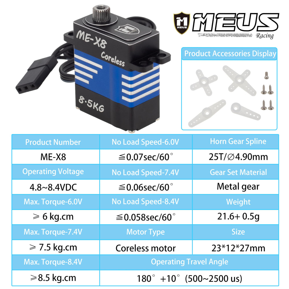 MEUS RACING coreless servo 8.5kg gear closeup highlights metal gears and durability.