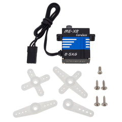 MEUS RACING coreless servo 8.5kg model compatibility illustration lists compatible scales.