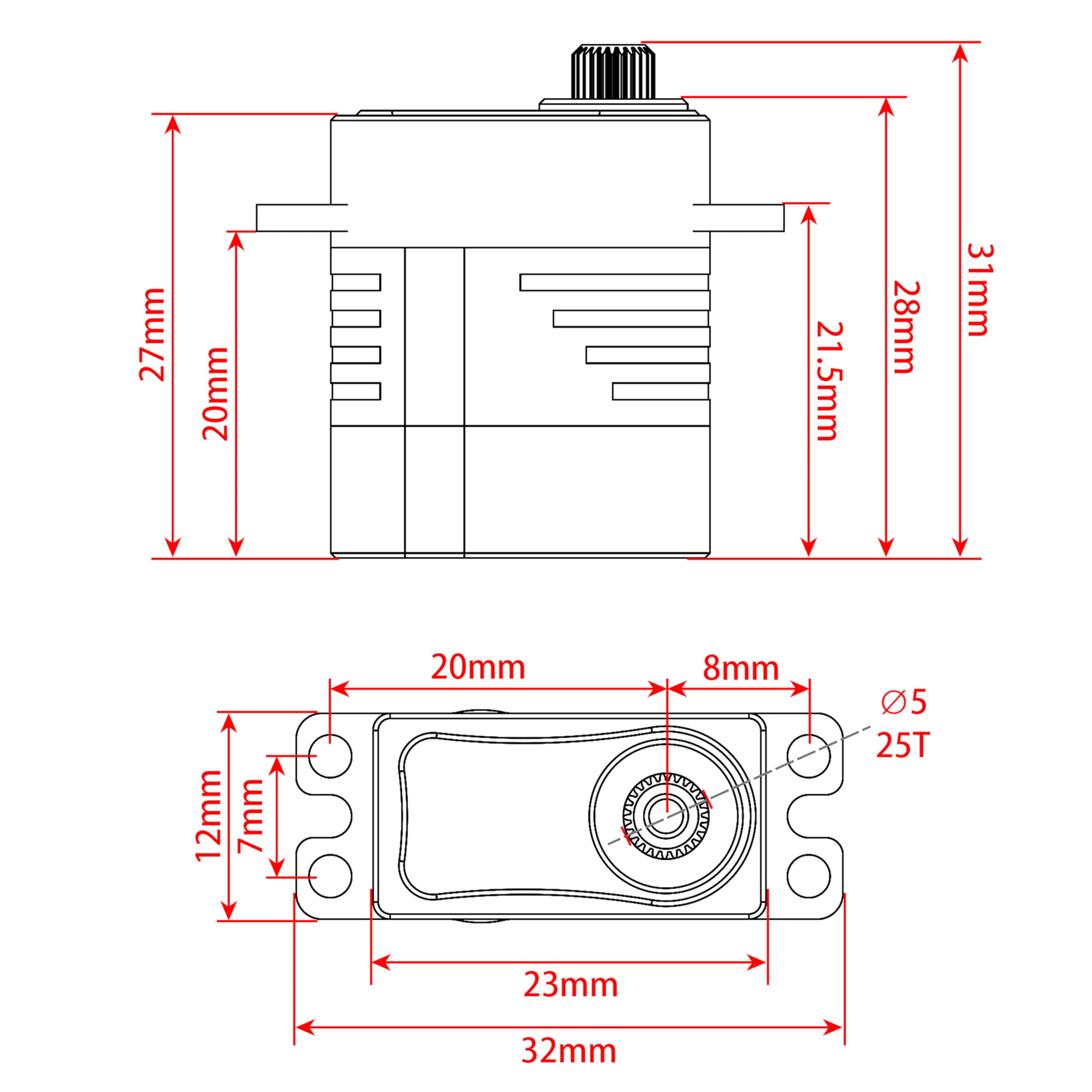 MEUS RACING coreless servo 8.5kg torque side view shows compact profile and strong torque.