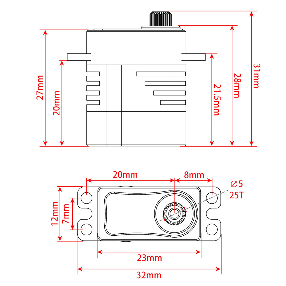 MEUS RACING coreless servo 8.5kg torque side view shows compact profile and strong torque.