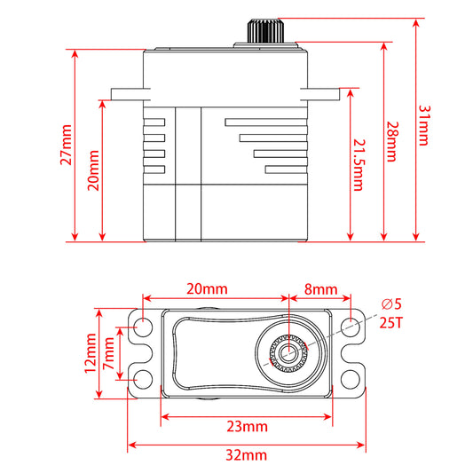 MEUS RACING coreless servo 8.5kg torque side view shows compact profile and strong torque.