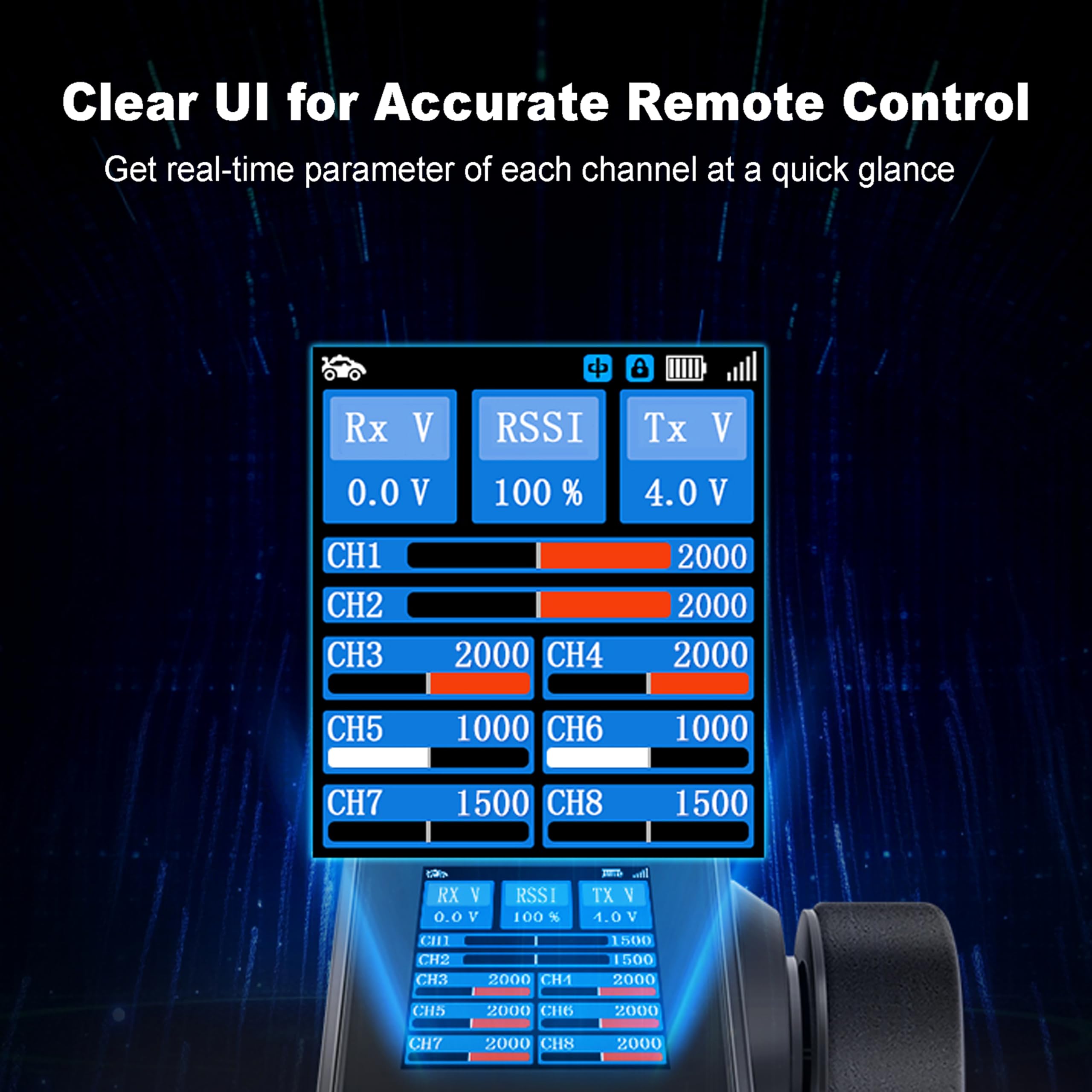 MEUS RACING ME-8B color display screen for quick channel checks.
