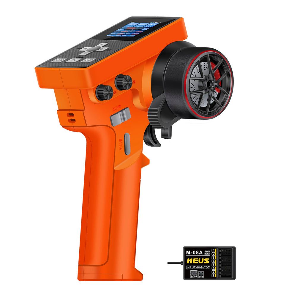 MEUS RACING ME-8B transmitter front view with ergonomic grip for precise control.