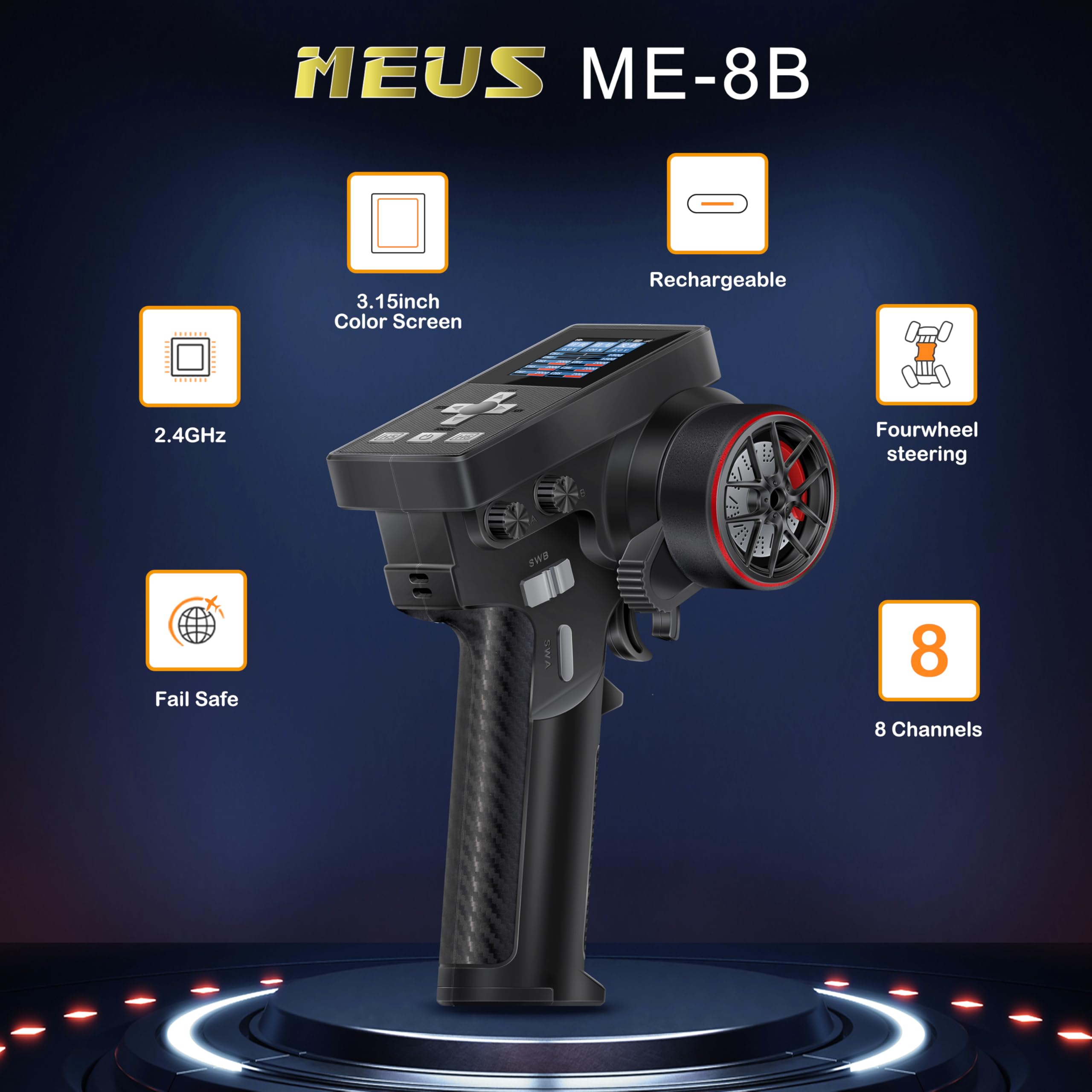 MEUS RACING ME-8B transmitter rear view showing compact, portable profile.