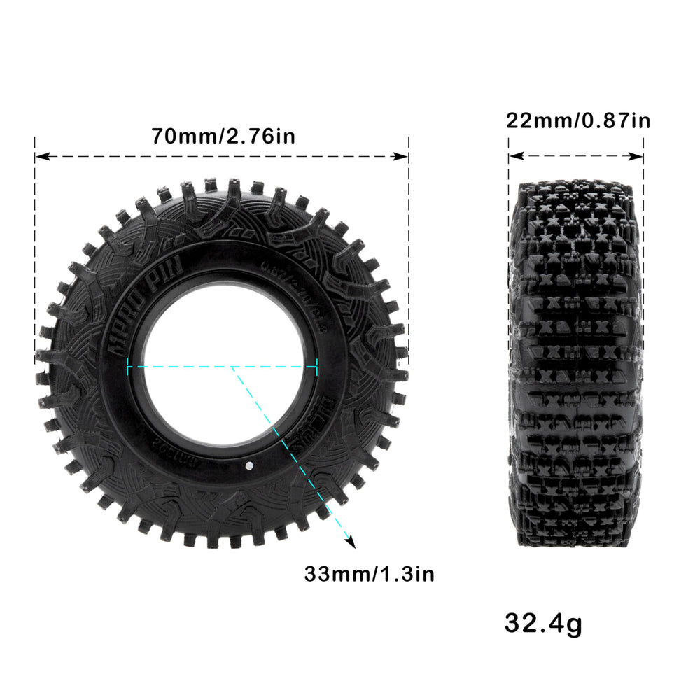 Meus Racing MS6 MPRO tires with sideway stripes for enhanced traction on rocks.