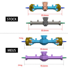 MEUS RACING brass-knuckle front axle adds weight for planted handling.