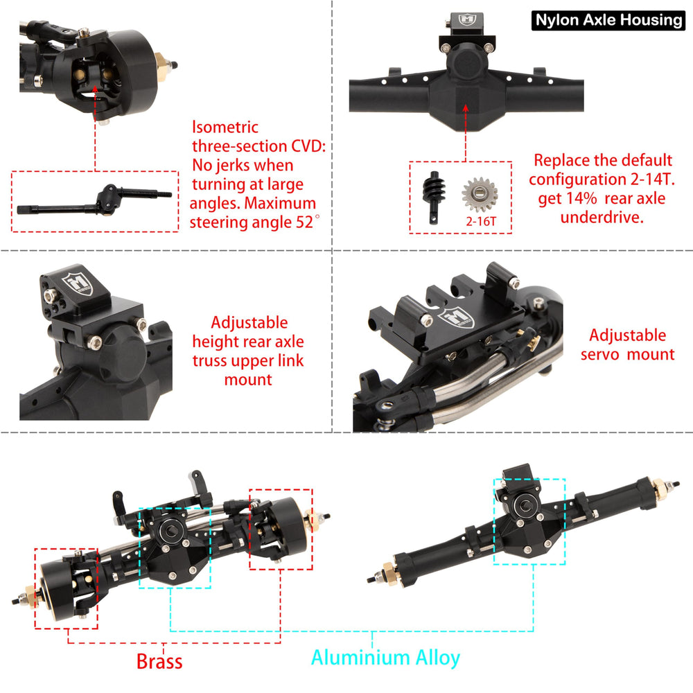 MEUS RACING rear nylon SCX24 axle with CVD improves stability during climbs.