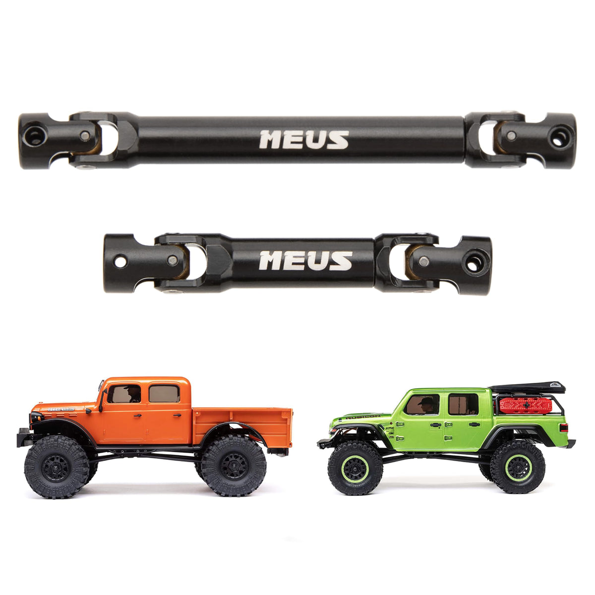 Meus Racing SCX24 center drive shaft in black, CNC machined for durability.