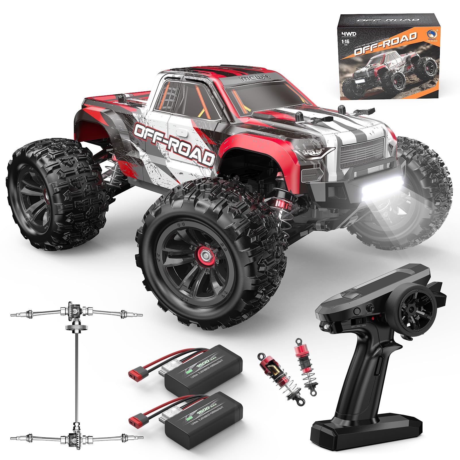 MEW4 1/16-scale 4x4 offroad truck side view demonstrates rugged build for beginners.