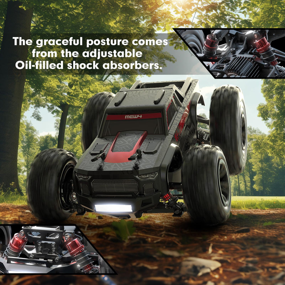 MEW4 brushless RC car side view highlights rugged red and black styling
