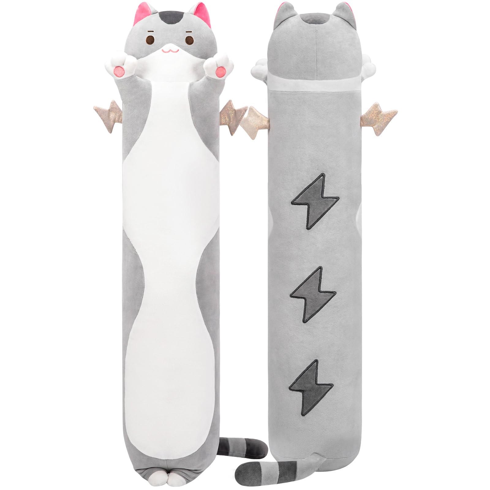 Mewaii 20-inch long cat plush front view highlights soft fabric and size.