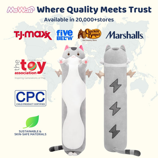 Mewaii 20-inch long cat plush side view emphasizes cuddle-friendly silhouette.