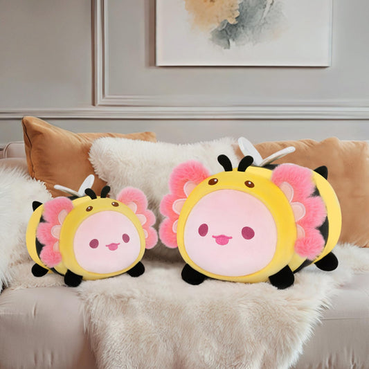 Mewaii axolotl bee plush back view reveals soft fabric and stitching.