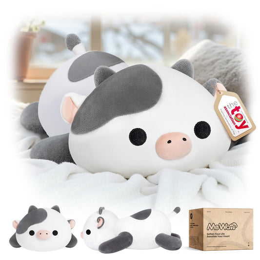 Mewaii Cute Cow Plush Pillow front view offers cuddly bedtime comfort.