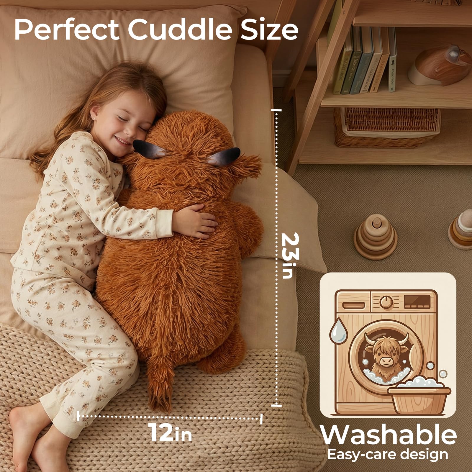Mewaii Highland Cow weighted plush suitable for kids, teens, and adults.