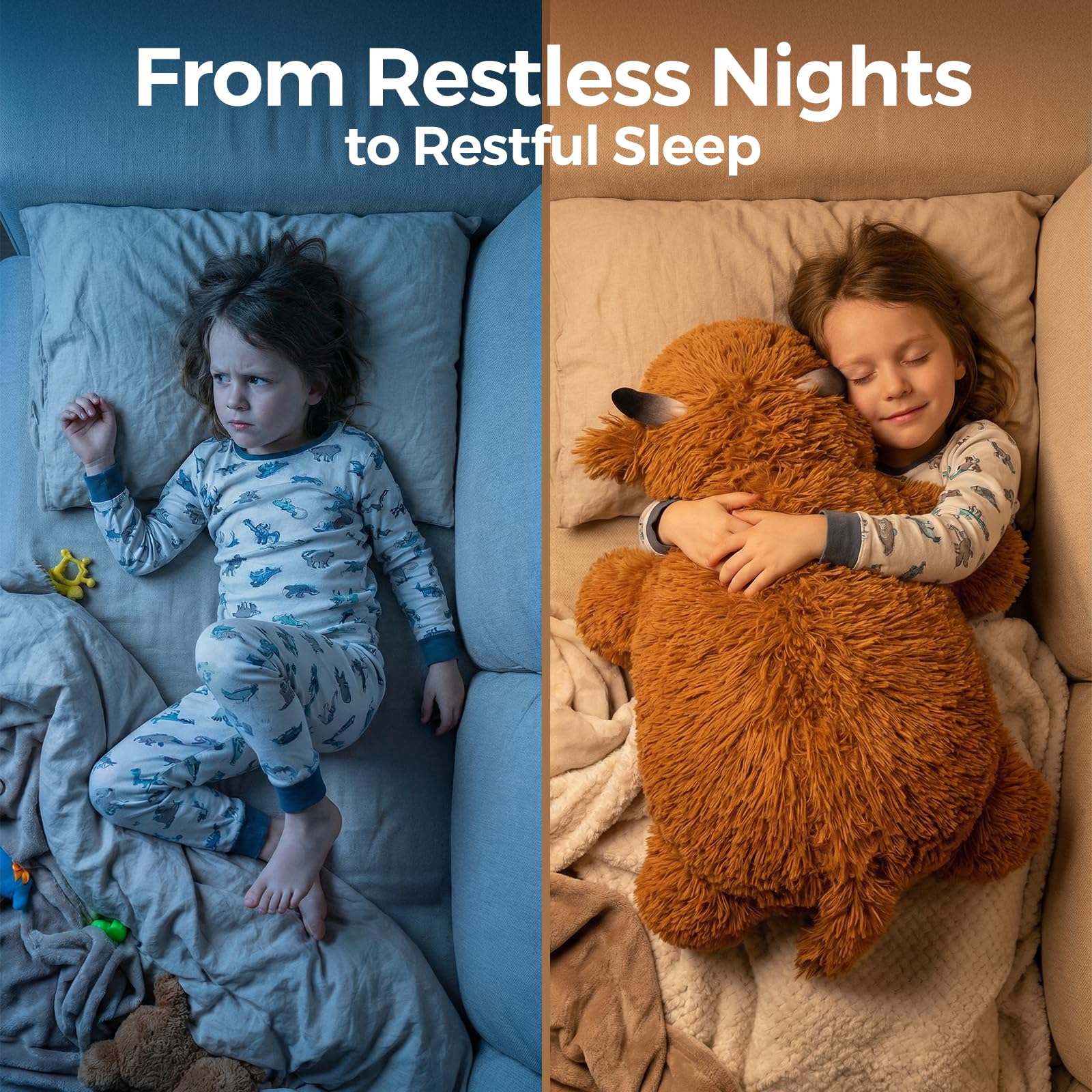 Mewaii Highland Cow weighted plush shown for bedtime snuggle and calm moments.