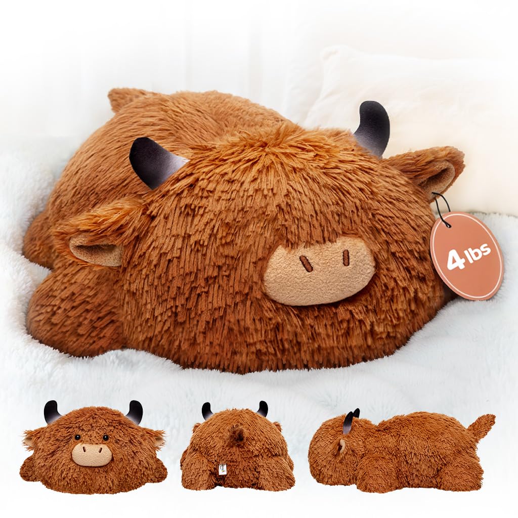 Mewaii Highland Cow weighted plush offers a full-body hug for soothing comfort.