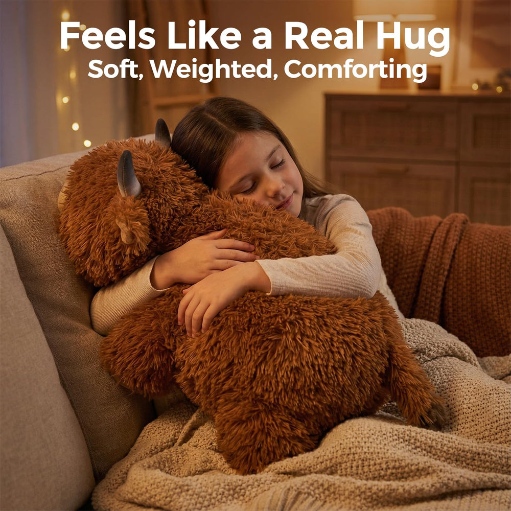 Mewaii Highland Cow weighted plush features soft fluff for daily cuddles.