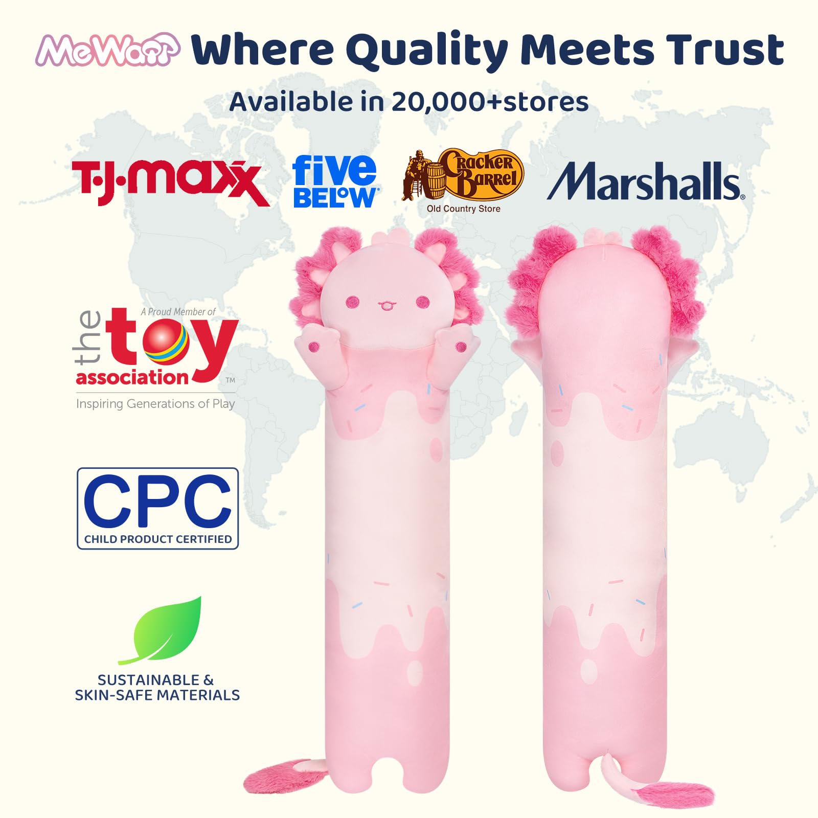 Mewaii long axolotl plush 90cm – supportive body pillow for comfortable lounging.