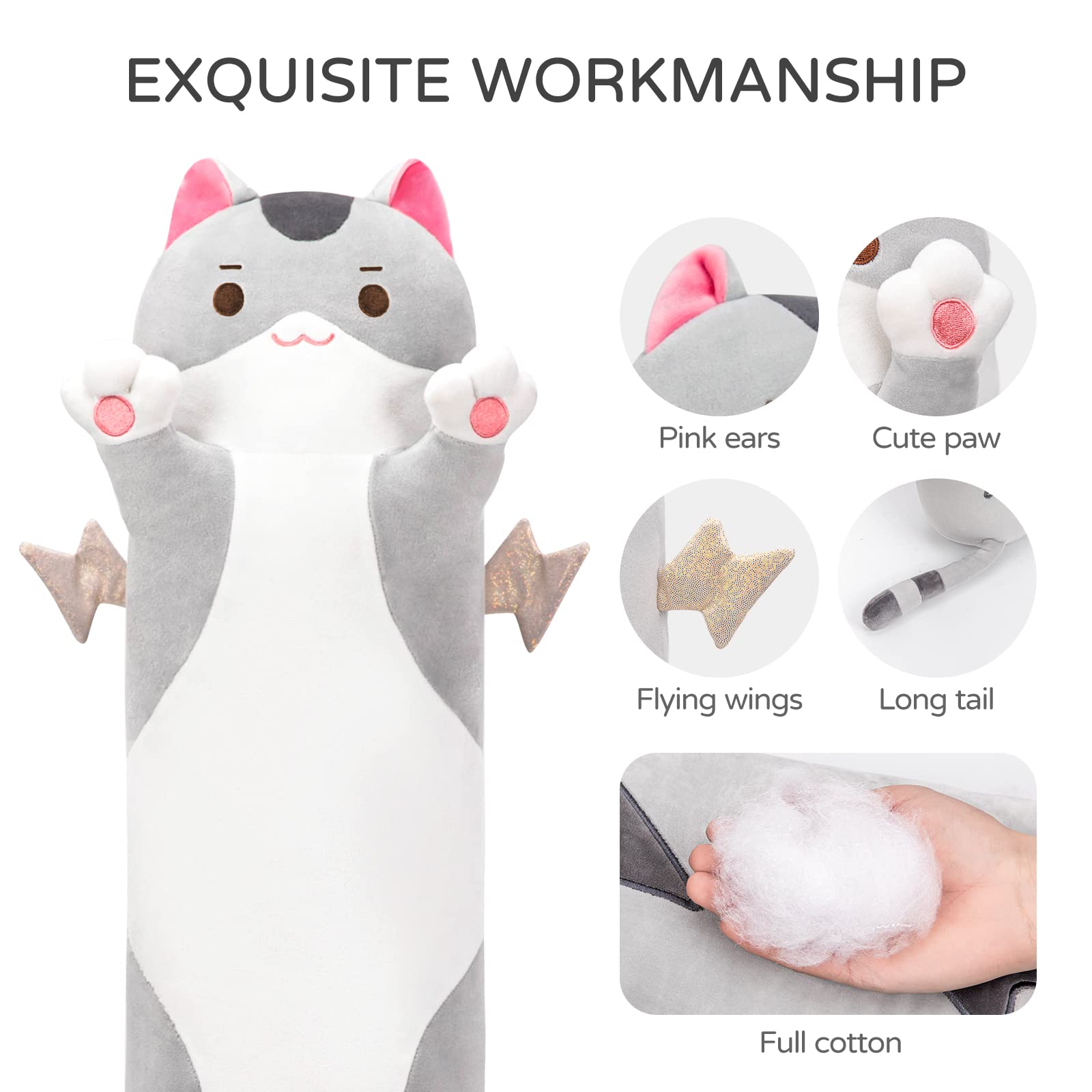 Mewaii long-cat pillow on bed demonstrates versatile lounging support.