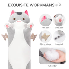 Mewaii long-cat pillow on bed demonstrates versatile lounging support.