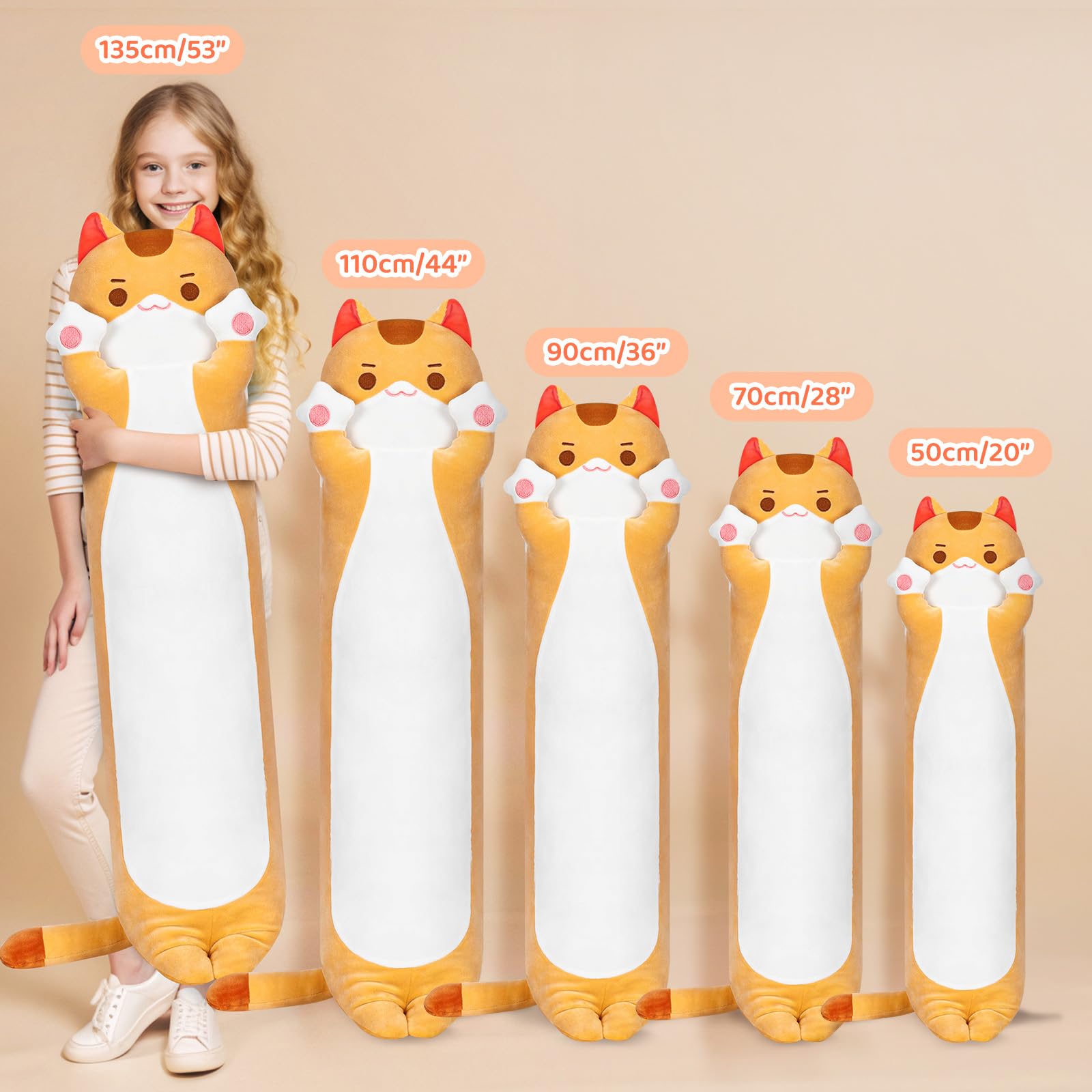 Mewaii long cat plush 135cm brown, offers full-body snuggle support