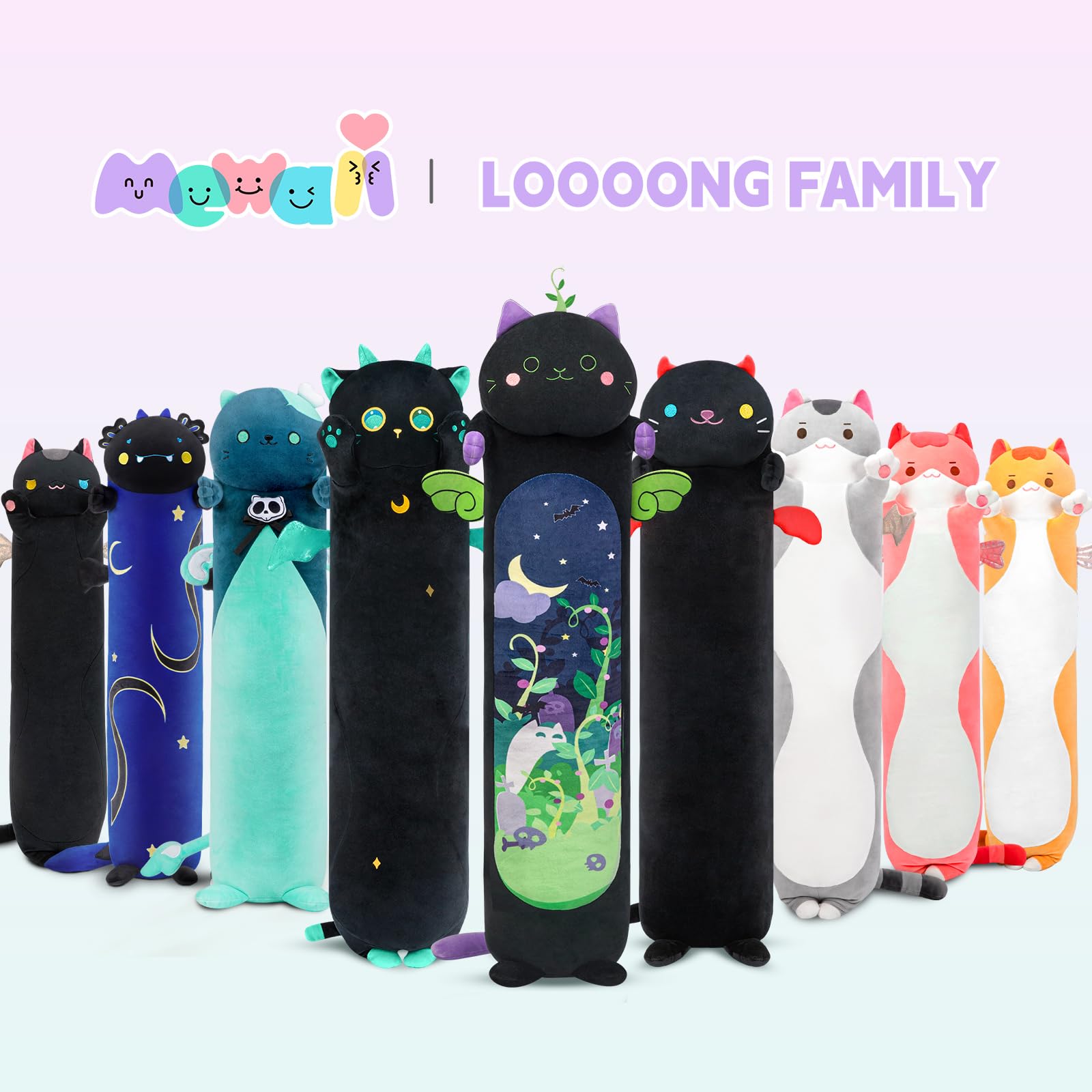 Mewaii Long Cat Plush in a cozy scene for night-time snuggling.