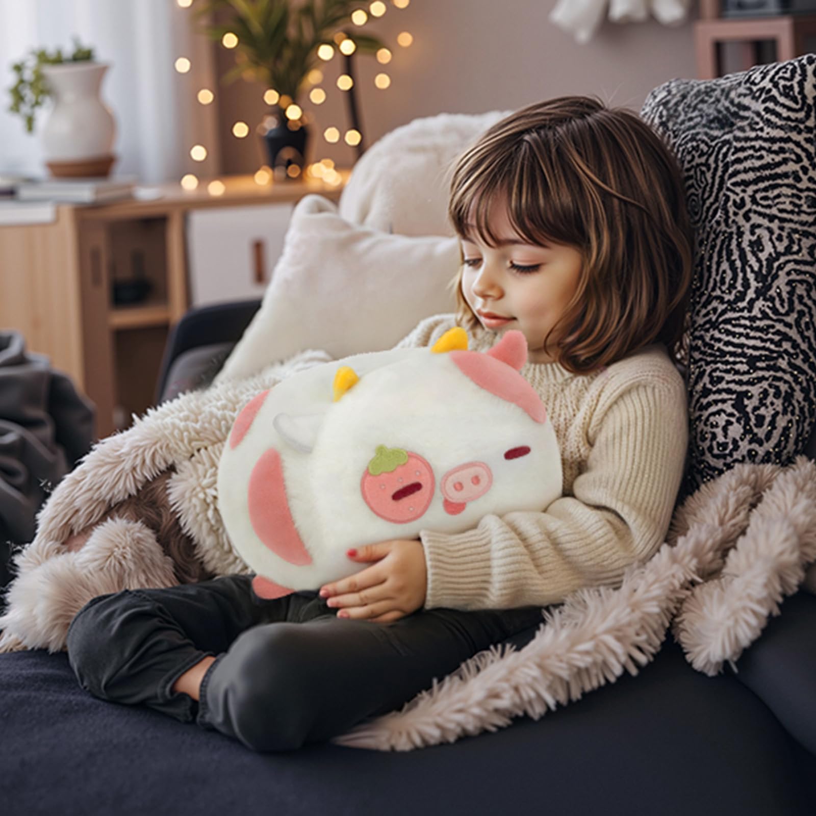 Mewaii Strawberry Cow Plush decor on chair adds room charm