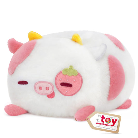 Mewaii Strawberry Cow Plush Pillow close-up of face for cozy hugs