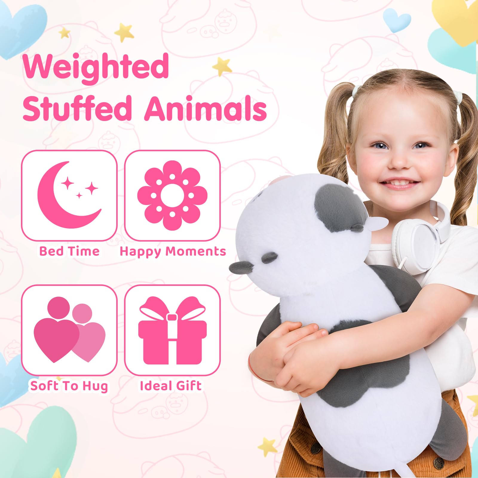 Mewaii Weighted Cow Plush fabric detail highlights soft, durable plush