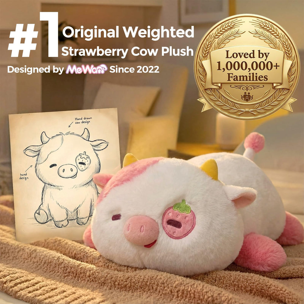 Mewaii weighted strawberry cow 23in front view offers cozy bedtime comfort.
